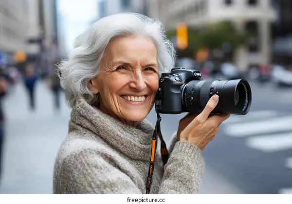 Senior Woman Taking Photograph in City
