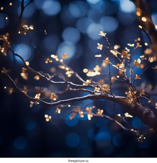 Golden flowers bloom on a dark blue background