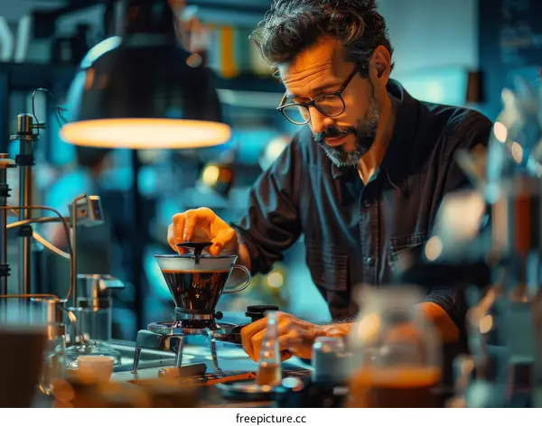 Focused male barista making pour-over coffee in a modern cafe
