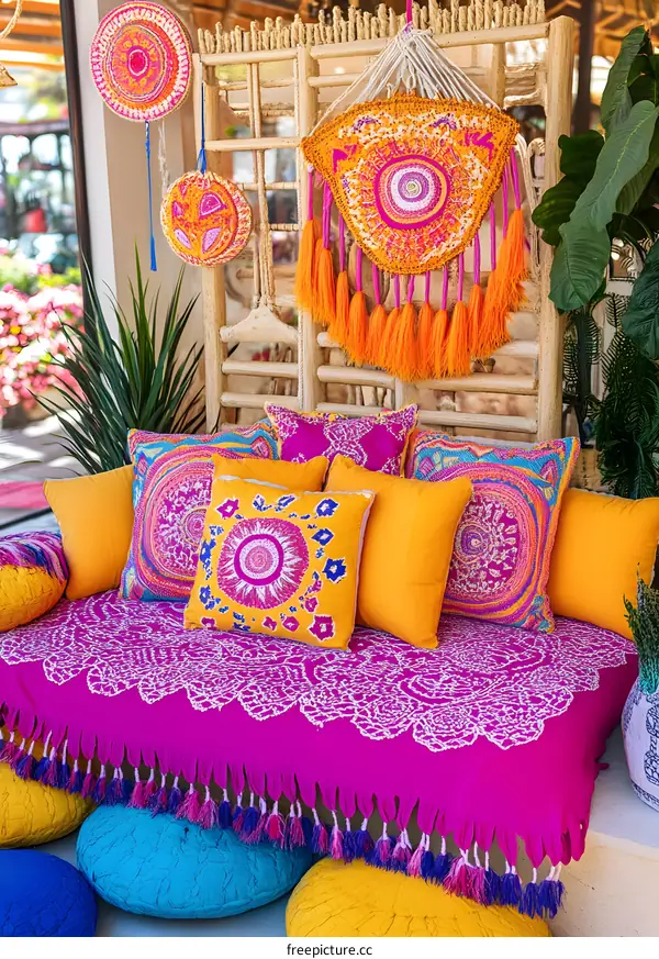 Colorful Bohemian Style Sofa With Pillows and Tassels