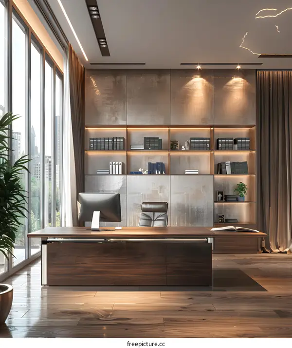 Modern office interior design with wooden desk and computer