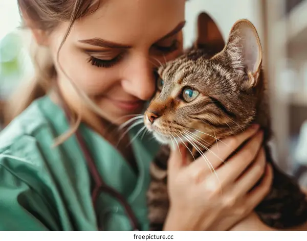 Close-up of a female veterinarian holding a cat