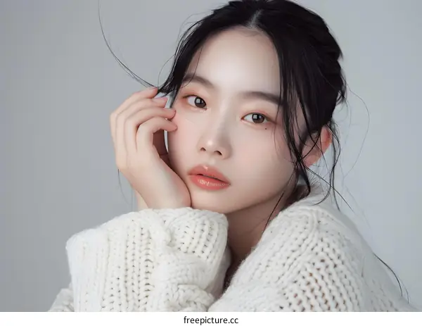 Portrait of a Young Asian Woman in a White Knit Sweater