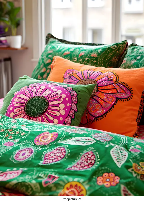 Green Floral Bedding with Colorful Pillows