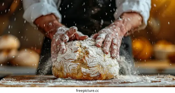 Baker kneading dough with flour on a wooden table