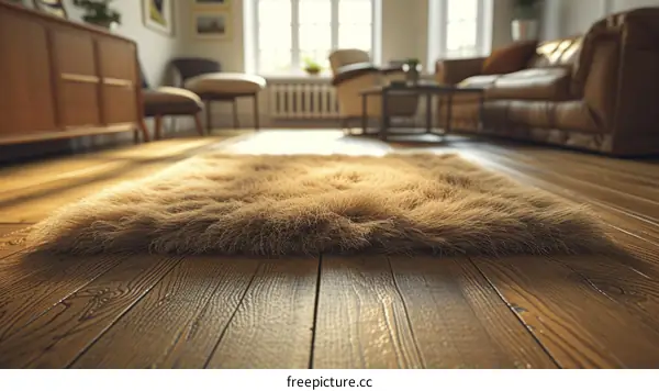 A shaggy brown fur carpet on a wooden floor in a home