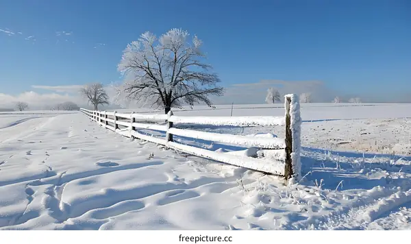 A wooden fence covered with snow in a snowy field