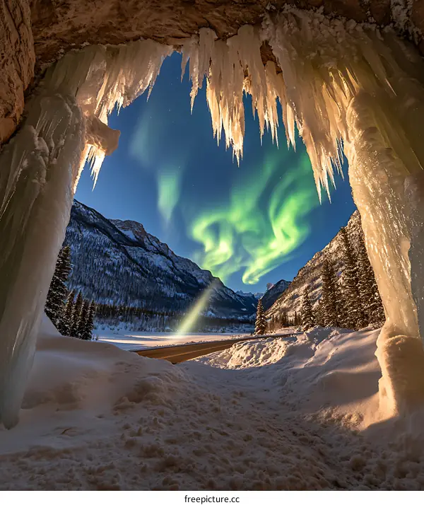Aurora Borealis View Through Icicle Covered Cave Entrance