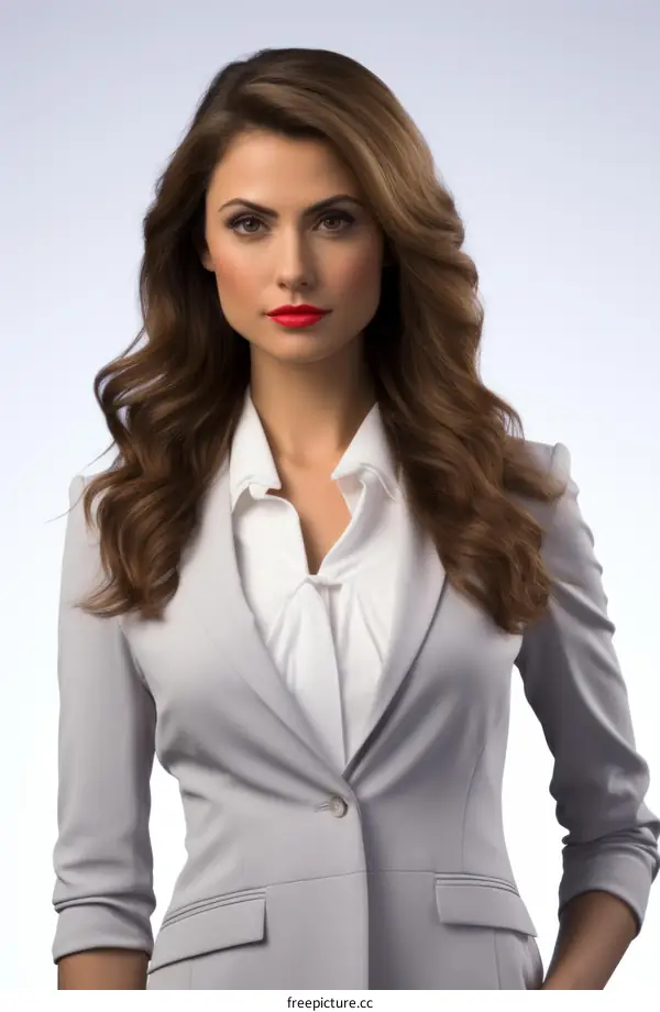 Elegant businesswoman with red lipstick and wavy brown hair wearing a white blouse and gray suit jacket