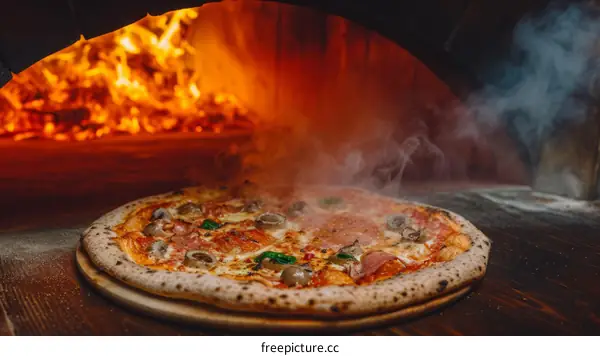 A delicious pizza cooking in a wood fired oven