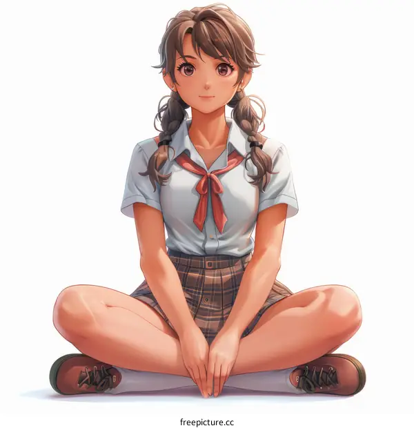 anime school girl sitting cross legged