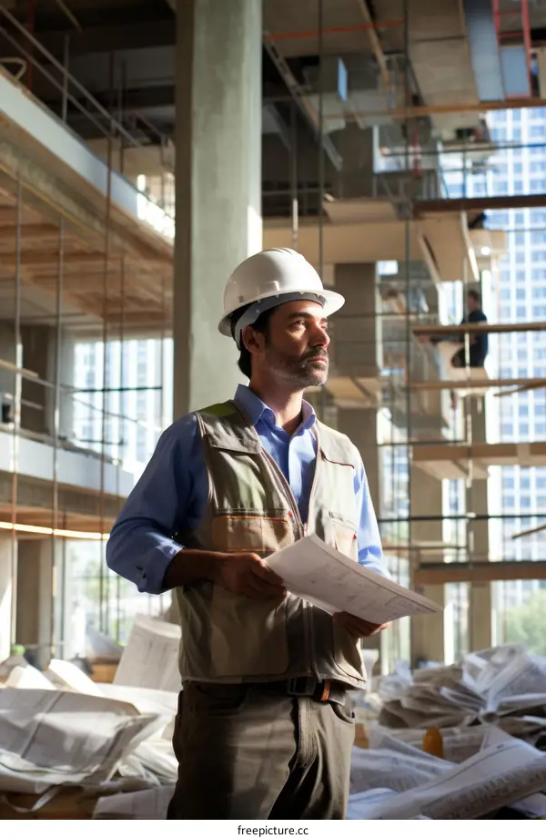 Construction worker wearing hardhat looking at blueprints on a construction site