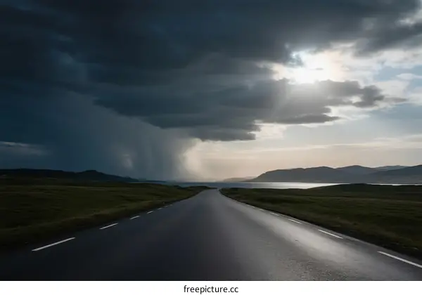 A Long Road Under Dark Stormy Clouds with Sunlight Breaking Through