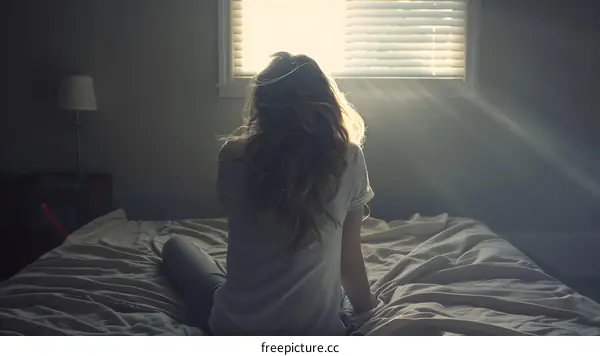 Woman Sitting on Bed Looking Out Window