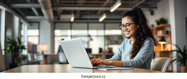 Smiling Woman Working on Laptop in Modern Office