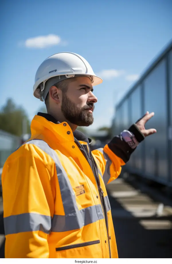Construction worker in reflective clothing and hardhat at a building site
