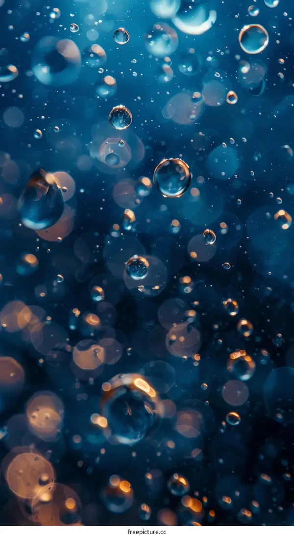 Blue and gold bubbles float in water