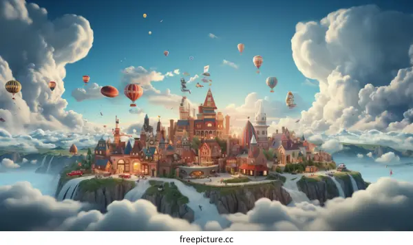 A beautiful floating city with lots of hot air balloons