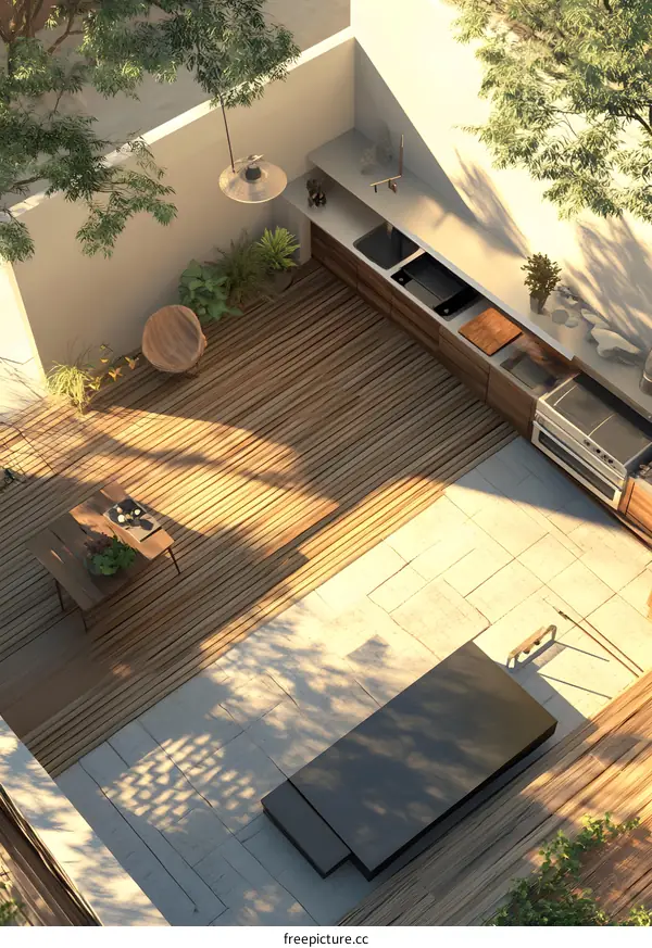 Outdoor Kitchen and Patio Design with Wooden Deck and Stone Floor