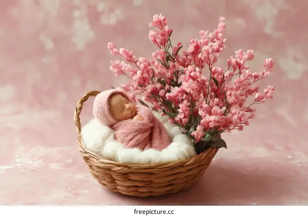 Sweet Baby Girl in Pink Basket with Flowers