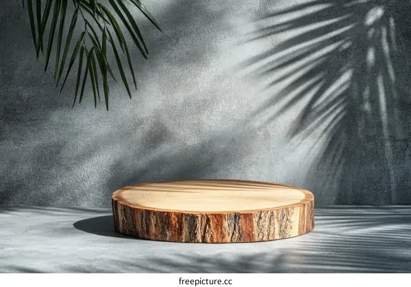 Wooden Slice Display Stand Against Gray Concrete Wall