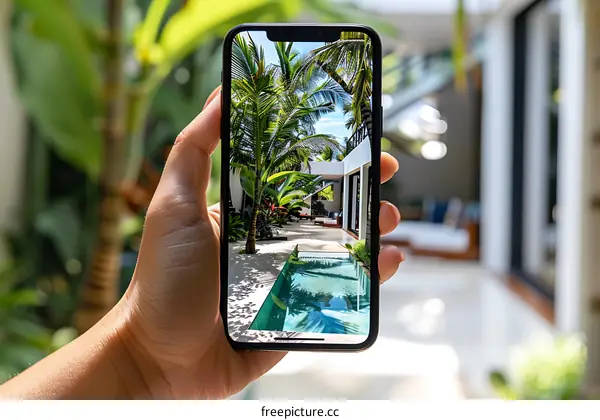 Hand Holding a Phone Showing a Tropical Villa with a Pool