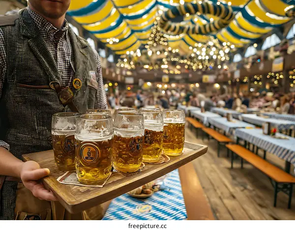 Oktoberfest Beer Serving in a Large Hall