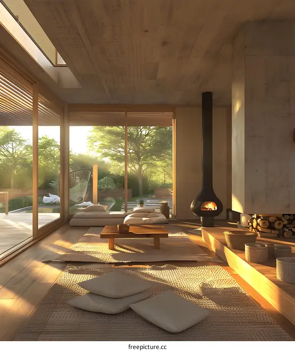 Modern living room with fireplace and garden view
