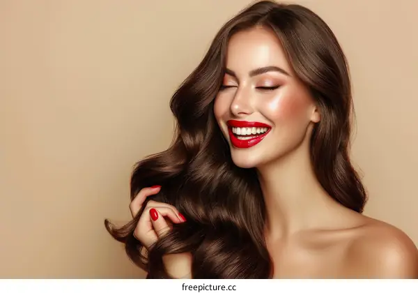 Beautiful young woman with long brown hair and red lipstick smiling
