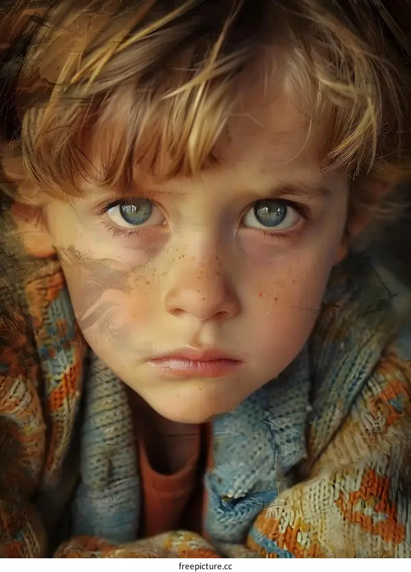 Portrait of a young boy with freckles and blue eyes