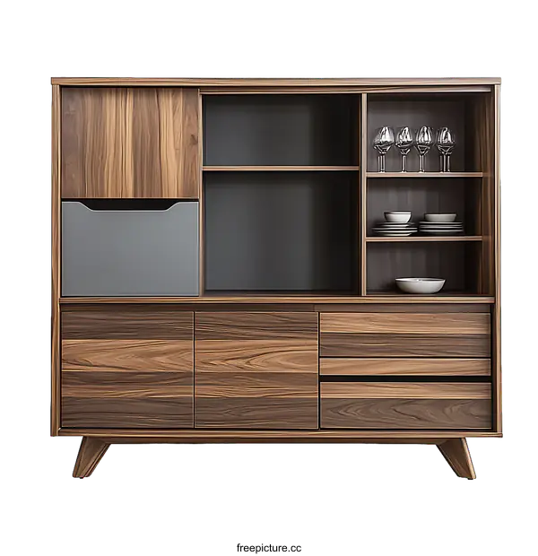 [Transparent Background PNG]Modern Wooden Buffet Cabinet with Grey Accents