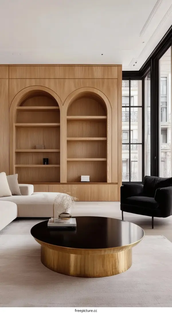 Modern Minimalist Living Room with Wooden Bookcases and Gold Coffee Table