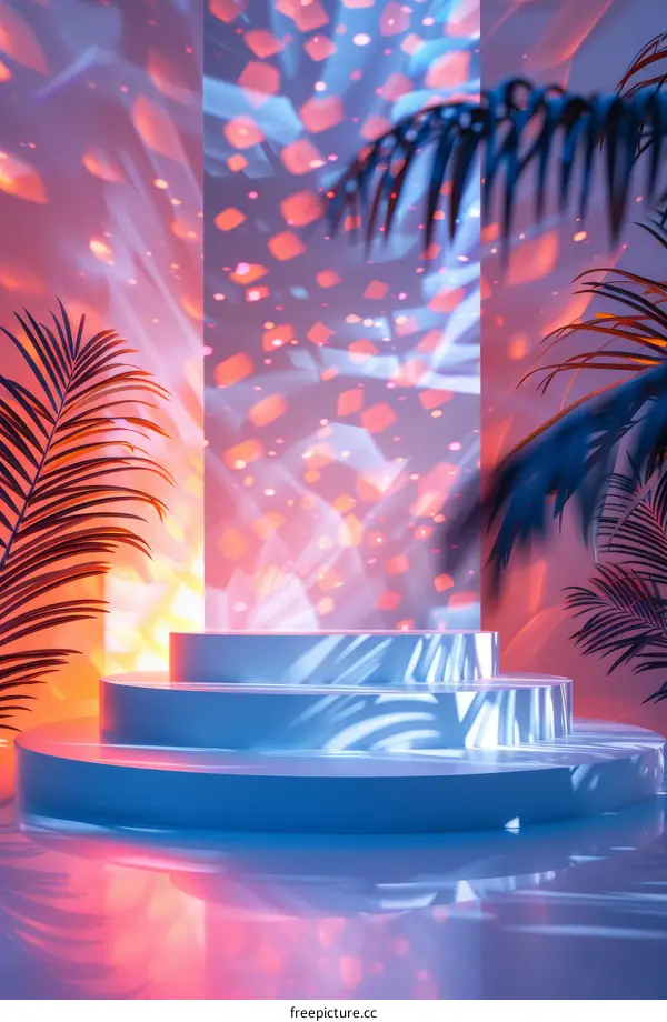 Blue and Pink Podium with Palm Leaves and Shadows for Product Presentation