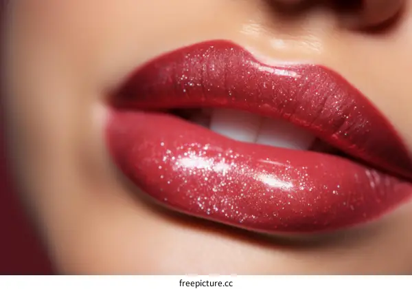 Close up of woman's lips with red glitter lipstick