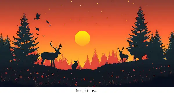 Sunset in the Forest with Deer Silhouette