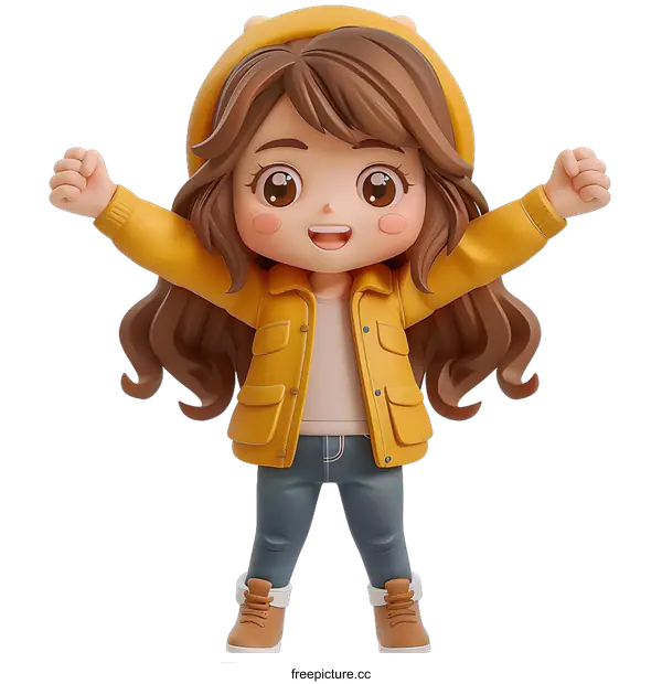[Transparent Background PNG]cute cartoon girl with brown hair wearing a yellow jacket and blue jeans