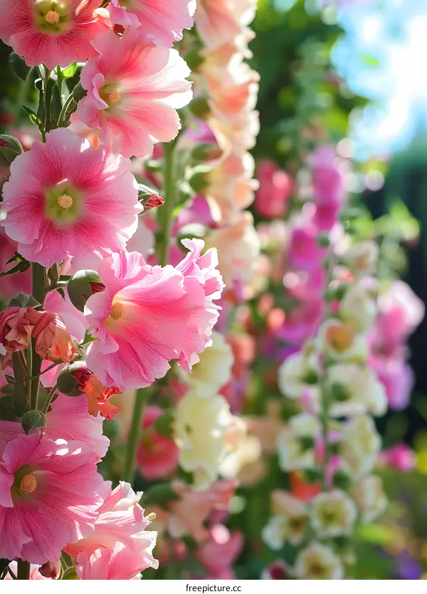Pink Hollyhock Flowers Blooming in Summer Garden