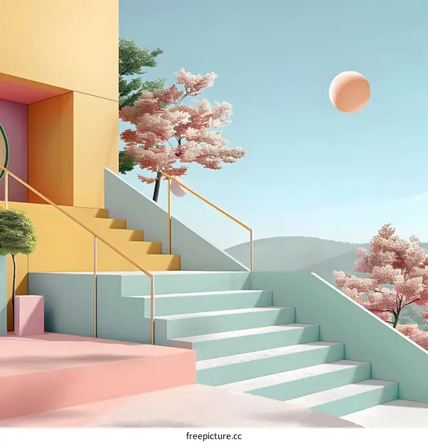 Abstract Minimalist 3D Illustration of Modern Architecture with Stairs