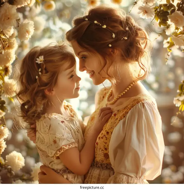 Mother and Daughter Embrace in Floral Setting