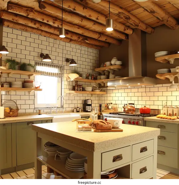 Rustic Kitchen with Soaring Wood Beams and Exposed Bricks