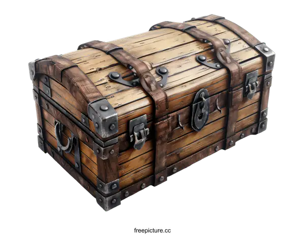 [Transparent Background PNG]Old wooden chest with metal details on a black background