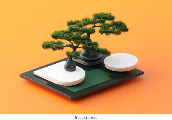 Minimalist Bonsai Tree on Platform with Orange Background