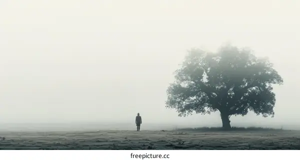 Man walking towards a tree in the middle of a foggy field