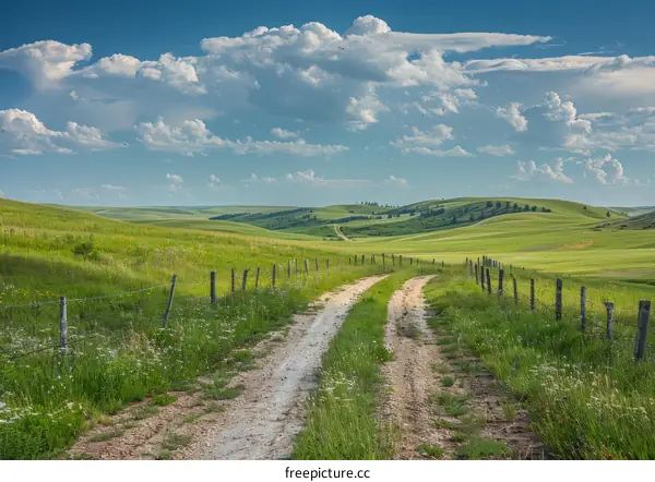 Country Road Through Lush Green Fields