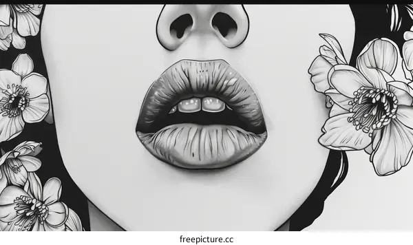 Black and white sketch of a woman's lips with a flower