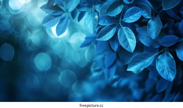 Blue leaves of a plant with blurred blue light in the background