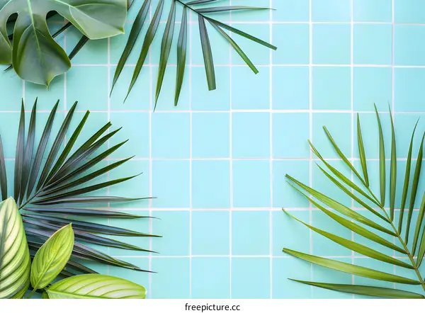 Tropical Palm Leaves on Blue Tile Background
