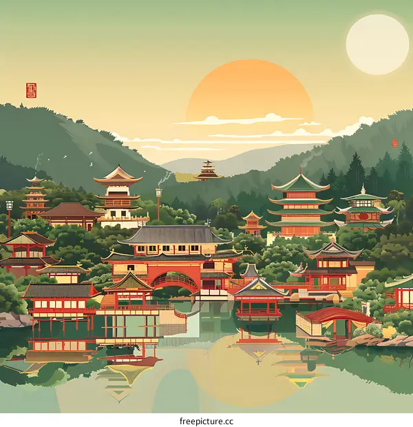 Traditional Chinese Architecture Landscape Illustration