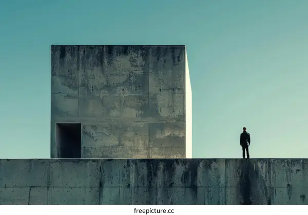 Man standing on a concrete roof looking at a concrete building