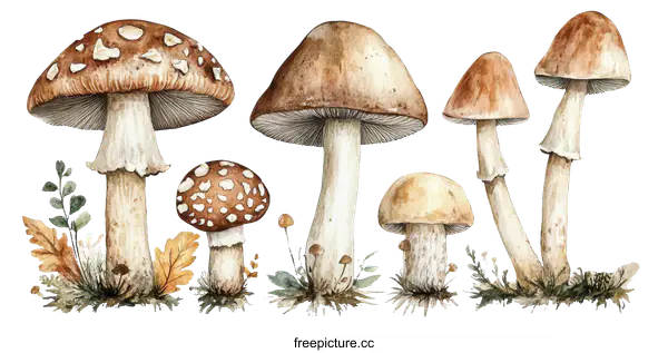 [Transparent Background PNG]Watercolor Illustration of Various Mushrooms